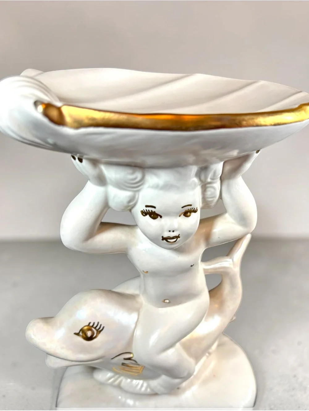 Vintage Holland Mold Ceramic Cherub Riding Dolphin Shell Dish Soap Trinket 8